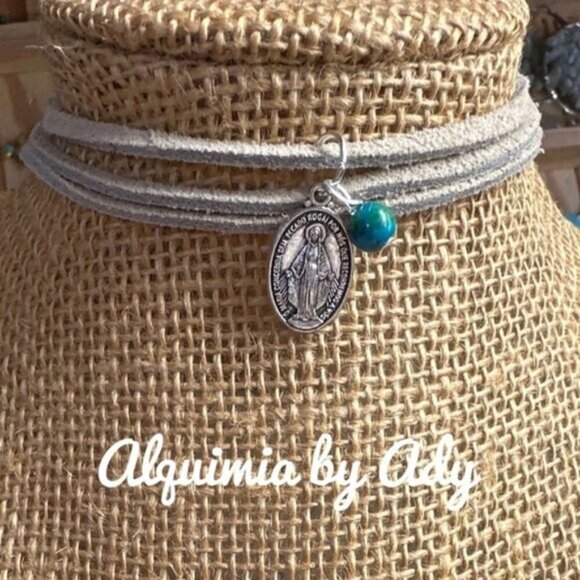 Virgin Mary and turquoise leather choker necklace - Picture 1 of 2